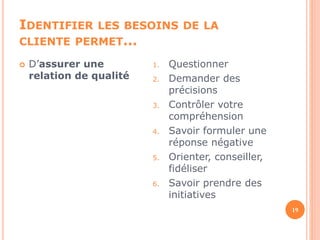 IDENTIFIER LES BESOINS DE LA 
CLIENTE PERMET… 
 D’assurer une 
relation de qualité 
1. Questionner 
2. Demander des 
précisions 
3. Contrôler votre 
compréhension 
4. Savoir formuler une 
réponse négative 
5. Orienter, conseiller, 
fidéliser 
6. Savoir prendre des 
initiatives 
19 
 
