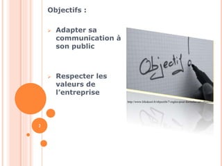 Objectifs : 
 Adapter sa 
communication à 
son public 
 Respecter les 
valeurs de 
l’entreprise 
2 
http://www.lifeskool.fr/objectifs/7-regles-pour-formuler-ses-objectifs 
 
