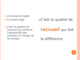  A entreprise égale 
 A produit égal 
 C’est la qualité de 
l’accueil qui renforce 
l’attractivité des 
produits et l’image de 
la marque 
C’est la qualité de 
l’accueil qui fait 
la différence 
20 
 