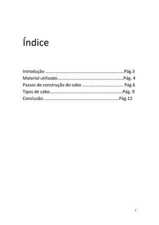 Índice

Introdução …………………………………………………………..…Pág.3
Material utilizado……………………………………………………Pág. 4
Passos de construção do cabo ………………………………. Pág.6
Tipos de cabo…………………………………………………………Pág. 9
Conclusão……………………………………………………………Pág.12




                                               2
 