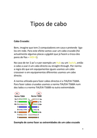 Tipos de cabo

Cabo Cruzado:

Bem, imagine que tem 2 computadores em casa e pretende liga-
los em rede. Para este efeito vamos usar um cabo cruzado (há
actualmente algumas placas a gigabit que já fazem a troca dos
pares de fios – MDI-X).

No caso de ter 2 pc’s e por exemplo um Hub ou um Switch, então
o cabo a usar é um cabo directo ou straight-through. Por norma
a regra diz que em equipamentos iguais usamos um cabo
crossover e em equipamentos diferentes usamos um cabo
directo.

A norma utilizada para fazer cabos directos é a TIA/EIA T568A.
Para fazer cabos cruzados usamos a norma TIA/EIA T568A num
dos lados e a norma TIA/EIA T568B na outra extremidade.




Exemplo de como fazer as extremidades de um cabo cruzado

                                                                 9
 