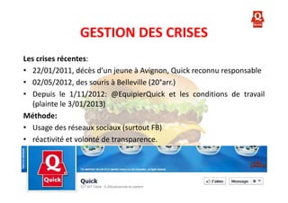 GESTION DES CRISES
Les crises récentes:
• 22/01/2011, décès d’un jeune à Avignon, Quick reconnu responsable
• 02/05/2012, des souris à Belleville (20°arr.)
• Depuis le 1/11/2012: @EquipierQuick et les conditions de travail
(plainte le 3/01/2013)
Méthode:
• Usage des réseaux sociaux (surtout FB)
• réactivité et volonté de transparence.

 