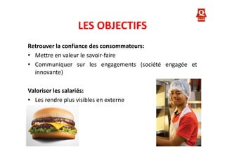 LES OBJECTIFS
Retrouver la confiance des consommateurs:
• Mettre en valeur le savoir-faire
• Communiquer sur les engagements (société engagée et
innovante)
Valoriser les salariés:
• Les rendre plus visibles en externe

 