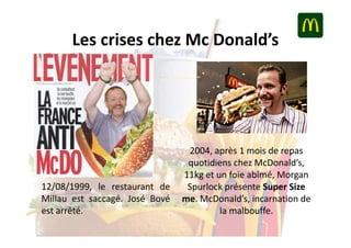 Les crises chez Mc Donald’s

12/08/1999, le restaurant de
Millau est saccagé. José Bové
est arrêté.

2004, après 1 mois de repas
quotidiens chez McDonald’s,
11kg et un foie abîmé, Morgan
Spurlock présente Super Size
me. McDonald’s, incarnation de
la malbouffe.

 