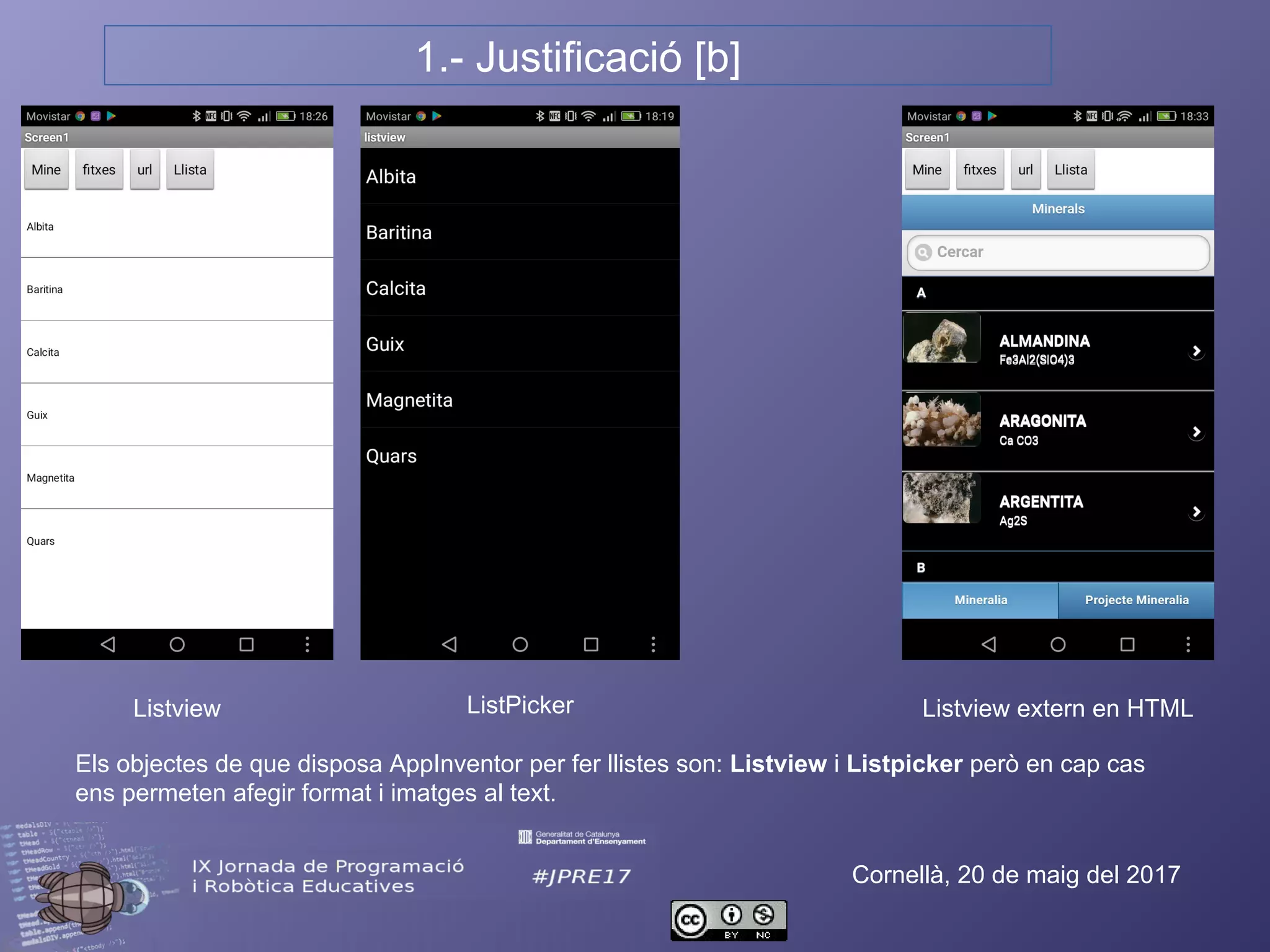 1.- Justificació [b]
Cornellà, 20 de maig del 2017
Els objectes de que disposa AppInventor per fer llistes son: Listview i Listpicker però en cap cas
ens permeten afegir format i imatges al text.
Listview ListPicker Listview extern en HTML
 