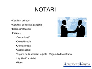 NOTARI Certificat del nom Certificat de l’entitat bancària Socis constituents Estatuts: Denominació Domicili social Objecte social Capital social Òrgans de la societat: la junta i l’òrgan d’administració Liquidació societat Altres 