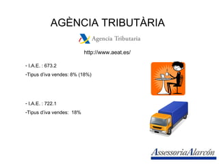 AGÈNCIA TRIBUTÀRIA http://www.aeat.es/ I.A.E. : 673.2 Tipus d’iva vendes: 8% (18%) I.A.E. : 722.1 Tipus d’iva vendes:  18% 