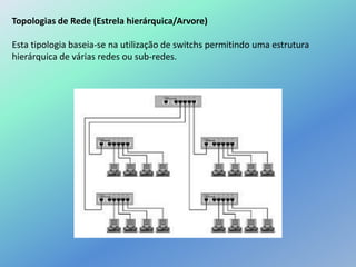 Topologias de Rede (Estrela hierárquica/Arvore)
Esta tipologia baseia-se na utilização de switchs permitindo uma estrutura
hierárquica de várias redes ou sub-redes.
 