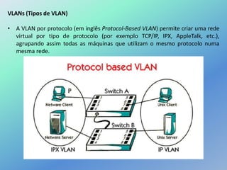VLANs (Tipos de VLAN)
• A VLAN por protocolo (em inglês Protocol-Based VLAN) permite criar uma rede
virtual por tipo de protocolo (por exemplo TCP/IP, IPX, AppleTalk, etc.),
agrupando assim todas as máquinas que utilizam o mesmo protocolo numa
mesma rede.
 