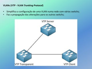 VLANs (VTP - VLAN Trunking Protocol)
• Simplifica a configuração de uma VLAN numa rede com vários switchs;
• Faz a propagação das alterações para os outros switchs;
 