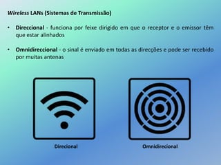 Wireless LANs (Sistemas de Transmissão)
• Direccional - funciona por feixe dirigido em que o receptor e o emissor têm
que estar alinhados
• Omnidireccional - o sinal é enviado em todas as direcções e pode ser recebido
por muitas antenas
Direcional Omnidirecional
 
