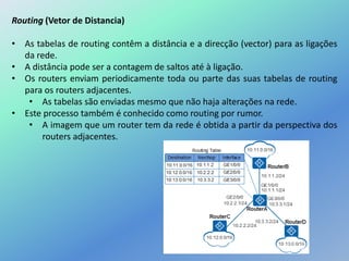 Routing (Vetor de Distancia)
• As tabelas de routing contêm a distância e a direcção (vector) para as ligações
da rede.
• A distância pode ser a contagem de saltos até à ligação.
• Os routers enviam periodicamente toda ou parte das suas tabelas de routing
para os routers adjacentes.
• As tabelas são enviadas mesmo que não haja alterações na rede.
• Este processo também é conhecido como routing por rumor.
• A imagem que um router tem da rede é obtida a partir da perspectiva dos
routers adjacentes.
 