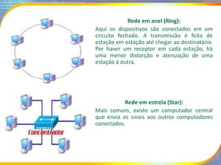 Rede em anel (Ring):
Aqui os dispositivos são conectados em um
circuito fechado. A transmissão é feita de
estação em estaç...