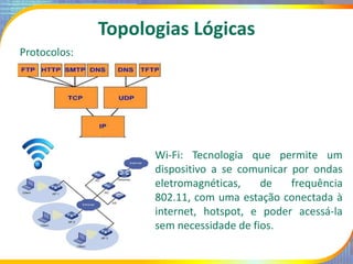 Wi-Fi: Tecnologia que permite um
dispositivo a se comunicar por ondas
eletromagnéticas, de frequência
802.11, com uma esta...