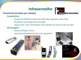 Infravermelho
Transmissão de dados por radiação.
Características:
- Taxa de transferência máxima de 100 mbps, segundo o site oficial;
- Econômico (usa pouquíssima energia);
- Seguro (não "vaza" informações nem interfere em outros sinais de rede).
Desvantagens:
- Alcance limitado a 4,5m;
- necessário alinhamento físico entre aparelhos.
 