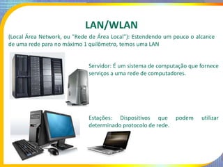 LAN/WLAN
(Local Área Network, ou "Rede de Área Local"): Estendendo um pouco o alcance
de uma rede para no máximo 1 quilômetro, temos uma LAN
Servidor: É um sistema de computação que fornece
serviços a uma rede de computadores.
Estações: Dispositivos que podem utilizar
determinado protocolo de rede.
 
