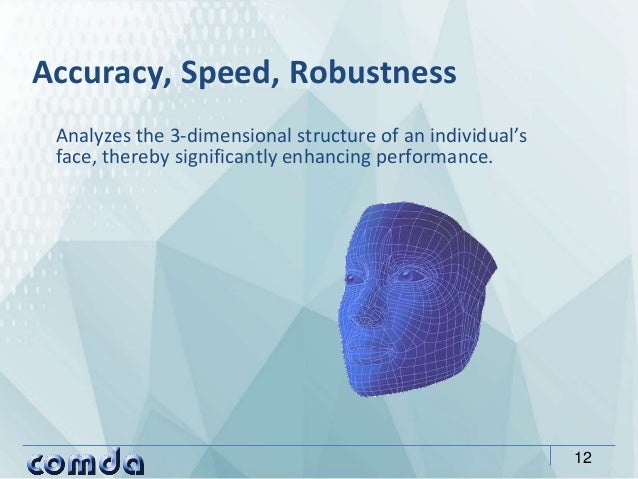 Analyzes the 3-dimensional structure of an individual’s
face, thereby significantly enhancing performance.
Accuracy, Speed...