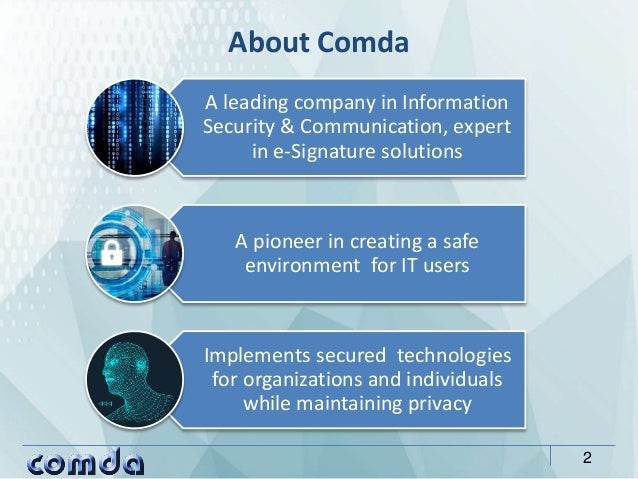 About Comda
2
A leading company in Information
Security & Communication, expert
in e-Signature solutions
A pioneer in crea...