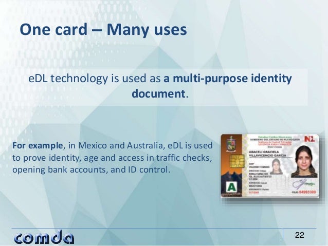 eDL technology is used as a multi-purpose identity
document.
One card ‒ Many uses
22
For example, in Mexico and Australia,...
