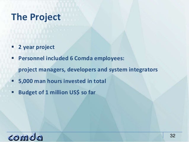 The Project
32
 2 year project
 Personnel included 6 Comda employees:
project managers, developers and system integrator...