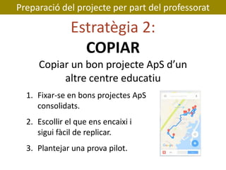 Estratègia 2:
COPIAR
Copiar un bon projecte ApS d’un
altre centre educatiu
1. Fixar-se en bons projectes ApS
consolidats.
...