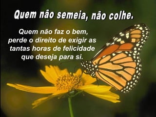 Quem não faz o bem, 
perde o direito de exigir as 
tantas horas de felicidade 
que deseja para si. 
 