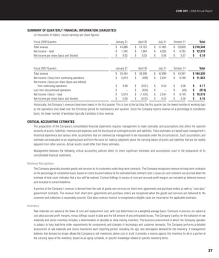 COM DEV | 2008 Annual Report




SUMMARY OF qUARTERLY FINANCIAL INFORMATION (UNAUDITED)
    (in thousands of dollars, except earnings per share figures)

    Fiscal 2008 Quarters                                                        January 31            April 30          July 31       October 31              Total
    Total revenue                                                               $ 44,880          $ 54,165          $ 51,483          $ 59,820          $ 210,348
    Net income – total                                                          $ 1,345           $ 1,964           $ 4,285           $ 4,785           $ 12,379
    Net income per share (basic and diluted)                                    $   0.02          $   0.03          $   0.06          $   0.07          $    0.18



    Fiscal 2007 Quarters                                                        January 31            April 30          July 31       October 31              Total
    Total revenue                                                               $ 39,454          $ 38,590          $ 42,899          $ 43,387          $ 164,330
    Net income / (loss) from continuing operations                              $ 5,619           $   (490)         $ 2,544           $ 4,180           $ 11,853
    Net income / (loss) per share (basic and diluted)
        from continuing operations                                              $     0.08        $     (0.01)      $     0.04        $      0.06       $   0.17
    Loss from discontinued operations                                           $        –        $      (934)      $        –        $       (40)      $   (974)
    Net income / (loss) – total                                                 $    5,619        $    (1,424)      $    2,544        $     4,140       $ 10,879
    Net income per share (basic and diluted)                                    $     0.08        $     (0.02)      $     0.04        $      0.06       $   0.16
    Historically, the Company’s revenues have been lowest in the first quarter. This is due to the fact that the first quarter has the lowest number of working days
    as the operations shut down over the Christmas period for maintenance and vacation. Since the Company reports revenue on a percentage of completion
    basis, the lower number of workdays typically translates to less revenue.

CRITICAL ACCOUNTING ESTIMATES
    The preparation of the Company’s consolidated financial statements requires management to make estimates and assumptions that affect the reported
    amounts of assets, liabilities, revenues and expenses and the disclosure of contingent assets and liabilities. These estimates are based upon management’s
    historical experience and various other assumptions that are believed by management to be reasonable under the circumstances. Such assumptions and
    estimates are evaluated on an ongoing basis and form the basis for making judgments about the carrying values of assets and liabilities that are not readily
    apparent from other sources. Actual results could differ from these estimates.

    Management believes the following critical accounting policies affect its more significant estimates and assumptions used in the preparation of its
    consolidated financial statements.

Revenue Recognition
    The Company generally provides goods and services to its customers under long-term contracts. The Company recognizes revenue on long-term contracts
    on the percentage of completion basis, based on costs incurred relative to the estimated total contract costs. Losses on such contracts are accrued when the
    estimate of total costs indicates that a loss will be realized. Contract billings in excess of cost and accrued profit margins are included as deferred revenue
    and included in current liabilities.

    A portion of the Company’s revenue is derived from the sale of goods and services on short-term agreements and purchase orders as well as “cost-plus”
    government contracts. The revenue from short-term agreements and purchase orders are recognized when the goods and services are delivered to the
    customer and collection is reasonably assured. Cost-plus contract revenue is recognized as eligible costs are incurred on the applicable contracts.

Inventory
    Raw materials are valued at the lower of cost and replacement cost, with cost determined on a weighted average basis. Contracts in process are valued at
    cost plus accrued profit margins, minus billings issued to date and the full amount of any anticipated losses. The Company’s policy for the valuation of raw
    materials and stores inventory includes a determination of obsolete or slow moving inventory. The business environment in which the Company operates
    is subject to long lead-time order requirements for components and changes in technology and customer demands. The Company performs a detailed
    assessment of raw materials and stores inventories each reporting period, including the age, and anticipated demand for the inventory. If management
    believes that demand no longer allows the Company to sell inventories above cost or at all, it provides a reserve against this inventory for all or a portion of
    the carrying value of the inventory, based on an aging schedule, or specific knowledge related to specific inventory items.



                                                                                                                                                                       27
 