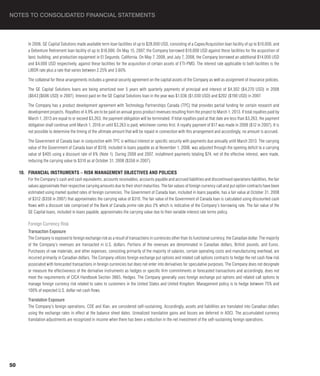 NOTES TO CONSOLIDATED FINANCIAL STATEMENTS



        In 2006, GE Capital Solutions made available term loan facilities of up to $28,000 USD, consisting of a Capex/Acquisition loan facility of up to $10,000, and
        a Debenture Retirement loan facility of up to $18,000. On May 15, 2007, the Company borrowed $10,000 USD against these facilities for the acquisition of
        land, building, and production equipment in El Segundo, California. On May 7, 2008, and July 7, 2008, the Company borrowed an additional $14,000 USD
        and $4,000 USD respectively, against these facilities for the acquisition of certain assets of ETI-PMD. The interest rate applicable to both facilities is the
        LIBOR rate plus a rate that varies between 2.25% and 3.60%.

        The collateral for these arrangements includes a general security agreement on the capital assets of the Company as well as assignment of insurance policies.

        The GE Capital Solutions loans are being amortized over 5 years with quarterly payments of principal and interest of $4,302 ($4,270 USD) in 2008
        ($643 [$606 USD] in 2007). Interest paid on the GE Capital Solutions loan in the year was $1,036 ($1,030 USD) and $202 ($190 USD) in 2007.

        The Company has a product development agreement with Technology Partnerships Canada (TPC) that provides partial funding for certain research and
        development projects. Royalties of 4.9% are to be paid on annual gross product revenues resulting from the project to March 1, 2013. If total royalties paid by
        March 1, 2013 are equal to or exceed $3,263, the payment obligation will be terminated. If total royalties paid at that date are less than $3,263, the payment
        obligation shall continue until March 1, 2016 or until $3,263 is paid, whichever comes first. A royalty payment of $17 was made in 2008 ($12 in 2007). It is
        not possible to determine the timing of the ultimate amount that will be repaid in connection with this arrangement and accordingly, no amount is accrued.

        The Government of Canada loan in conjunction with TPC is without interest or specific security with payments due annually until March 2013. The carrying
        value of the Government of Canada loan of $518, included in loans payable as at November 1, 2006, was adjusted through the opening deficit to a carrying
        value of $405 using a discount rate of 6% (Note 1). During 2008 and 2007, installment payments totaling $74, net of the effective interest, were made,
        reducing the carrying value to $310 as at October 31, 2008 ($358 in 2007).

     10. FINANCIAL INSTRUMENTS – RISk MANAGEMENT OBJECTIVES AND POLICIES
        For the Company’s cash and cash equivalents, accounts receivables, accounts payable and accrued liabilities and discontinued operations liabilities, the fair
        values approximate their respective carrying amounts due to their short maturities. The fair values of foreign currency call and put option contracts have been
        estimated using market quoted rates of foreign currencies. The Government of Canada loan, included in loans payable, has a fair value at October 31, 2008
        of $312 ($358 in 2007) that approximates the carrying value of $310. The fair value of the Government of Canada loan is calculated using discounted cash
        flows with a discount rate comprised of the Bank of Canada prime rate plus 2% which is indicative of the Company’s borrowing rate. The fair value of the
        GE Capital loans, included in loans payable, approximates the carrying value due to their variable interest rate terms policy.

        Foreign Currency Risk
        Transaction Exposure
        The Company is exposed to foreign exchange risk as a result of transactions in currencies other than its functional currency, the Canadian dollar. The majority
        of the Company’s revenues are transacted in U.S. dollars. Portions of the revenues are denominated in Canadian dollars, British pounds, and Euros.
        Purchases of raw materials, and other expenses, consisting primarily of the majority of salaries, certain operating costs and manufacturing overhead, are
        incurred primarily in Canadian dollars. The Company utilizes foreign exchange put options and related call options contracts to hedge the net cash flow risk
        associated with forecasted transactions in foreign currencies but does not enter into derivatives for speculative purposes. The Company does not designate
        or measure the effectiveness of the derivative instruments as hedges or specific firm commitments or forecasted transactions and accordingly, does not
        meet the requirements of CICA Handbook Section 3865, Hedges. The Company generally uses foreign exchange put options and related call options to
        manage foreign currency risk related to sales to customers in the United States and United Kingdom. Management policy is to hedge between 75% and
        100% of expected U.S. dollar net cash flows.

        Translation Exposure
        The Company’s foreign operations, CDE and Xian, are considered self-sustaining. Accordingly, assets and liabilities are translated into Canadian dollars
        using the exchange rates in effect at the balance sheet dates. Unrealized translation gains and losses are deferred in AOCI. The accumulated currency
        translation adjustments are recognized in income when there has been a reduction in the net investment of the self-sustaining foreign operations.




50
 