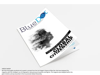 UNESCO MGIEP
We have thoroughly visualized and created a concept from the Carl Haigen’s theory of Blue Dot. We have designed this
magazine with the intelligent use of Infographics representing strong facts and figures. The magazine was designed within the
given timeline and was launched in Paris to promote Global Citizenship.
 