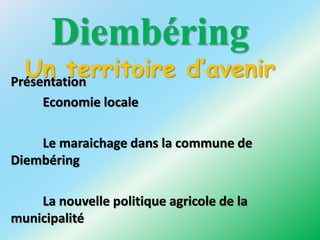 Diembéring
Un territoire d’avenirPrésentation
Economie locale
Le maraichage dans la commune de
Diembéring
La nouvelle poli...