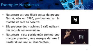 Exemple: Nespresso
• Nespresso est une filiale suisse du groupe
Nestlé, née en 1980, positionnée sur le
marché de café en dosette.
• Elle propose des machines à café utilisant
des capsules en aluminium.
• Nespresso s’est positionnée comme une
marque premium, une marque de luxe à
l’instar d’un Gucci ou d’un Vuitton.
15
 