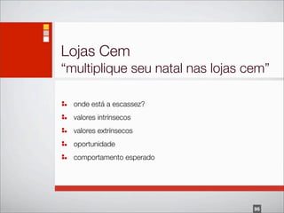 Lojas Cem
“multiplique seu natal nas lojas cem”

  onde está a escassez?
  valores intrínsecos
  valores extrínsecos
  oportunidade
  comportamento esperado




                                  96
 