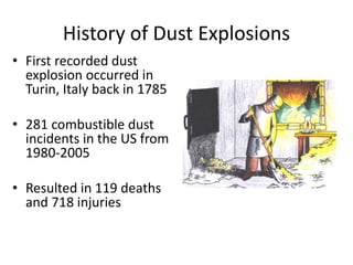 History of Dust Explosions
• First recorded dust
explosion occurred in
Turin, Italy back in 1785
• 281 combustible dust
incidents in the US from
1980-2005
• Resulted in 119 deaths
and 718 injuries
 