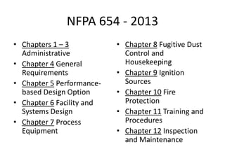 NFPA 654 - 2013
• Chapters 1 – 3
Administrative
• Chapter 4 General
Requirements
• Chapter 5 Performance-
based Design Option
• Chapter 6 Facility and
Systems Design
• Chapter 7 Process
Equipment
• Chapter 8 Fugitive Dust
Control and
Housekeeping
• Chapter 9 Ignition
Sources
• Chapter 10 Fire
Protection
• Chapter 11 Training and
Procedures
• Chapter 12 Inspection
and Maintenance
 
