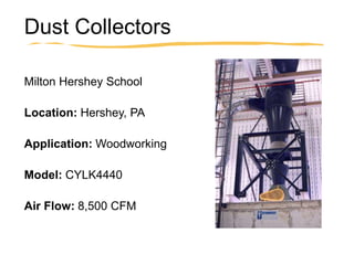 Dust Collectors
Milton Hershey School
Location: Hershey, PA
Application: Woodworking
Model: CYLK4440
Air Flow: 8,500 CFM
 