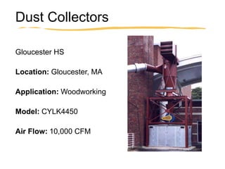 Dust Collectors
Gloucester HS
Location: Gloucester, MA
Application: Woodworking
Model: CYLK4450
Air Flow: 10,000 CFM
 