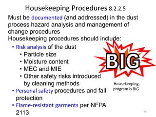Housekeeping Procedures 8.2.2.5
Housekeeping
program is BIG
Must be documented (and addressed) in the dust
process hazard analysis and management of
change procedures
Housekeeping procedures should include:
• Risk analysis of the dust
• Particle size
• Moisture content
• MEC and MIE
• Other safety risks introduced
by cleaning methods
• Personal safety procedures and fall
protection
• Flame-resistant garments per NFPA
2113 96
 