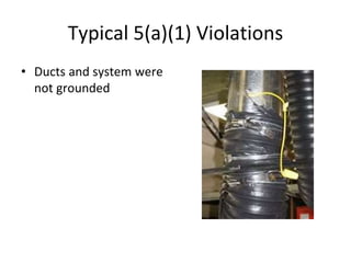 Typical 5(a)(1) Violations
• Ducts and system were
not grounded
 