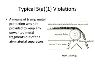 Typical 5(a)(1) Violations
• A means of tramp metal
protection was not
provided to keep any
unwanted metal
fragments out of the
air-material separators
From Duramag
 