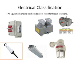 Electrical Classification
• All Equipment should be check to see if rated for Class II locations.
 
