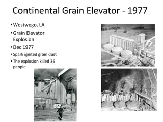 Continental Grain Elevator - 1977
•Westwego, LA
•Grain Elevator
Explosion
•Dec 1977
• Spark ignited grain dust
• The explosion killed 36
people
 