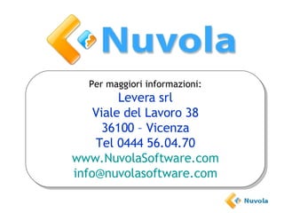Per maggiori informazioni: Levera srl Viale del Lavoro 38 36100 – Vicenza Tel 0444 56.04.70 www.NuvolaSoftware.com [email_address] 
