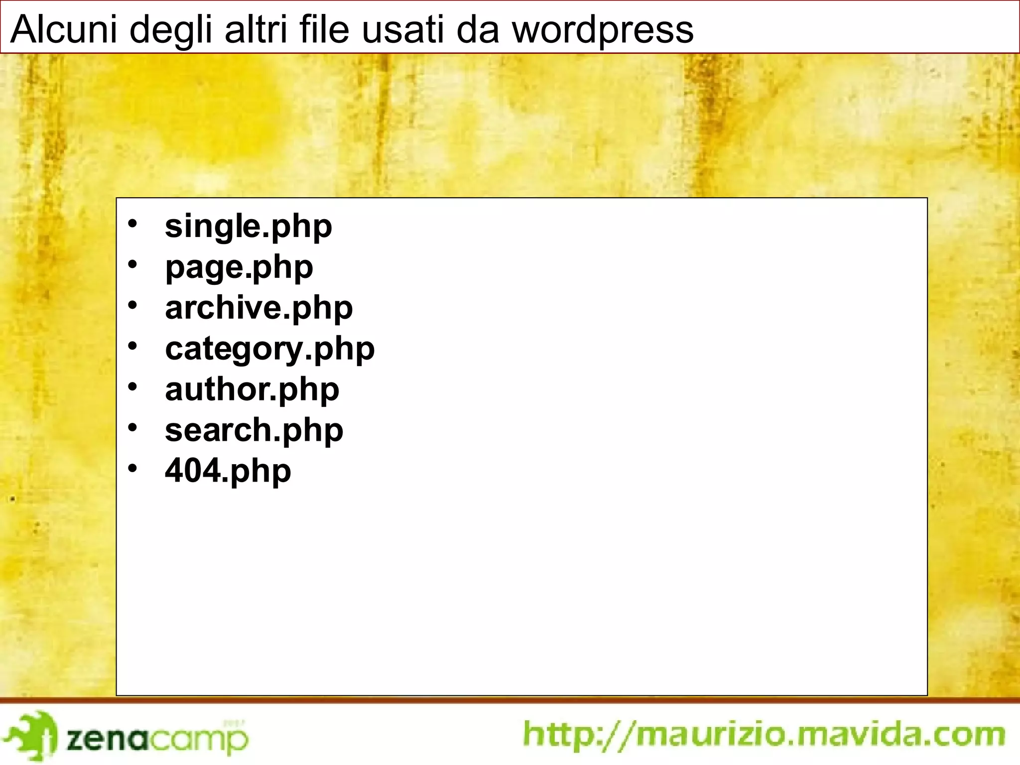 single.php page.php archive.php category.php author.php search.php 404.php Alcuni degli altri file usati da wordpress 