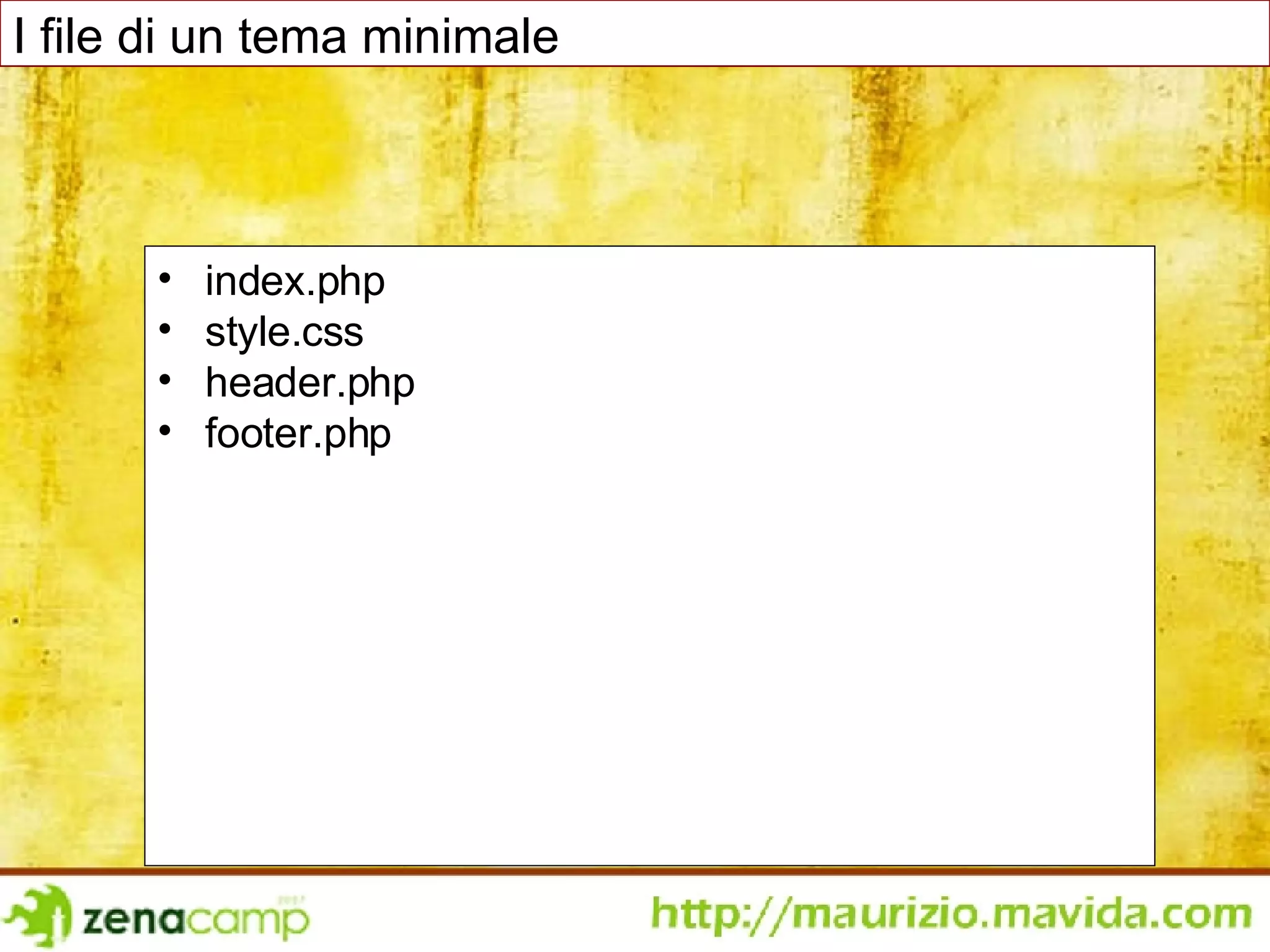 index.php style.css header.php footer.php I file di un tema minimale 