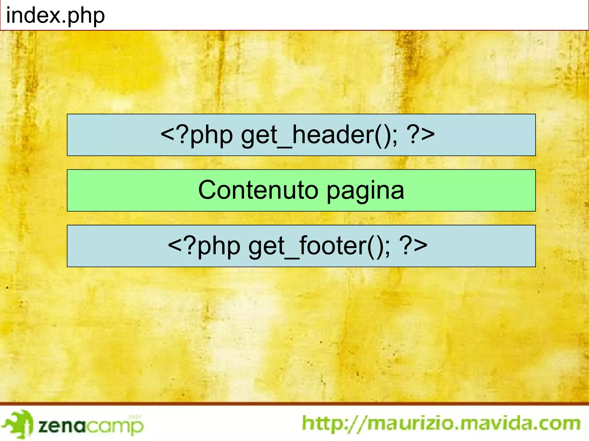index.php <?php get_header(); ?>  Contenuto pagina <?php get_footer(); ?>  