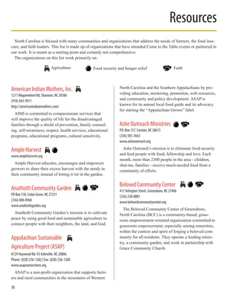 Resources
American Indian Mothers, Inc.
1211Wagonwheel Rd, Shannon, NC 28386
(910) 843-9911
http://americanindianmothers.com/
AIMI is committed to compassionate services that
will improve the quality of life for the disadvantaged
families through a shield of prevention, family counsel-
ing, self-awareness, respect, health services, educational
programs, educational programs, cultural sensitivity.
Ample Harvest
www.ampleharvest.org
Ample Harvest educates, encourages and empowers
growers to share their excess harvest with the needy in
their community instead of letting it rot in the garden.
Anathoth Community Garden
PO Box 138, Cedar Grove, NC 27231
(336) 408-0968
www.anathothgarden.org
Anathoth Community Garden’s mission is to cultivate
peace by using good food and sustainable agriculture to
connect people with their neighbors, the land, and God.
Appalachian Sustainable
Agriculture Project (ASAP)
A729 Haywood Rd. #3 Asheville, NC 28806
Phone: (828) 236-1282 | Fax: (828) 236-1280
www.asapconnections.org
ASAP is a non-profit organization that supports farm-
ers and rural communities in the mountains of Western
North Carolina and the Southern Appalachians by pro-
viding education, mentoring, promotion, web resources,
and community and policy development. ASAP is
known for its annual local food guide and its advocacy
for starting the “Appalachian Grown” label.
Ashe Outreach Ministries
P.O. Box 157, Creston, NC 28615
(336) 385-3663
www.asheoutreach.org
Ashe Outreach’s mission is to eliminate food security
and feed people with food, fellowship and love. Each
month, more than 2300 people in the area - children,
shut-ins, families - receive much-needed food from a
community of efforts.
Beloved Community Center
417 Arlington Street, Greensboro, NC 27406
(336) 230-0001
www.belovedcommunitycenter.org
The Beloved Community Center of Greensboro,
North Carolina (BCC) is a community-based, grass-
roots empowerment oriented organization committed to
grassroots empowerment, especially among minorities,
within the context and spirit of forging a beloved com-
munity for all residents. They operate a feeding minis-
try, a community garden, and work in partnership with
Grace Community Church.
North Carolina is blessed with many communities and organizations that address the needs of farmers, the food inse-
cure, and faith leaders. This list is made up of organizations that have attended Come to the Table events or partnered in
our work. It is meant as a starting point and certainly not comprehensive.
The organizations on this list work primarily on:
30
Agriculture FaithFood security and hunger relief
 
