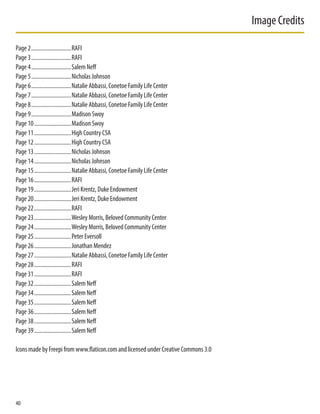 Page 2.............................RAFI
Page 3.............................RAFI
Page 4.............................Salem Neff
Page 5.............................Nicholas Johnson
Page 6.............................Natalie Abbassi, Conetoe Family Life Center
Page 7.............................Natalie Abbassi, Conetoe Family Life Center
Page 8.............................Natalie Abbassi, Conetoe Family Life Center
Page 9.............................Madison Swoy
Page 10...........................Madison Swoy
Page 11...........................High Country CSA
Page 12...........................High Country CSA
Page 13...........................Nicholas Johnson
Page 14...........................Nicholas Johnson
Page 15...........................Natalie Abbassi, Conetoe Family Life Center
Page 16...........................RAFI
Page 19...........................Jeri Krentz, Duke Endowment
Page 20...........................Jeri Krentz, Duke Endowment
Page 22...........................RAFI
Page 23...........................Wesley Morris, Beloved Community Center
Page 24...........................Wesley Morris, Beloved Community Center
Page 25...........................Peter Eversoll
Page 26...........................Jonathan Mendez
Page 27...........................Natalie Abbassi, Conetoe Family Life Center
Page 28...........................RAFI
Page 31...........................RAFI
Page 32...........................Salem Neff
Page 34...........................Salem Neff
Page 35...........................Salem Neff
Page 36...........................Salem Neff
Page 38...........................Salem Neff
Page 39...........................Salem Neff
Icons made by Freepi from www.flaticon.com and licensed under Creative Commons 3.0
40
Image Credits
 
