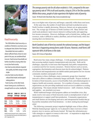 ence even higher rates of poverty and hunger, especially within these rural areas.
At the same time, the number of small farms and land in production across
North Carolina is rapidly decreasing. Moreover, farmers are an aging popula-
tion: The average age of farmers in North Carolina is 60. Many farmers and
small-scale producers report sincere interest in selling locally and supporting
low-income consumers. However, challenges such as limited time, staffing, and
resources, make it difficult to market, distribute, and sell food locally while also
meeting their own bottom line.
Rural areas face many unique challenges. A wide geographic spread means
that accessing markets requires transportation and extra time. Both can be
challenges, especially in rural areas that frequently lack public transportation,
a common need for low-income consumers. Historic barriers such as racism,
segregation, discrimination and classism must also be acknowledged: Patterns
of exclusion and marginalization can inhibit market participation for low-income
community members and people of color.
In response to these challenges, many community groups have launched
innovative efforts to address community hunger and health. Projects include al-
leviation of food insecurity, access to local healthy food, and related programs to
improve health and economic outcomes. For a number of reasons, community
organizations are also providing traditional social services in addition to existing
programming. This means already limited resources – staff, volunteers, funding
and supplies – are stretched even more.
While traditional hunger relief programs address an immediate crisis, they
rarely resolve root causes of food insecurity (such as unemployment or lack of
transportation) or support small farm production. Community organizations
and small farmers are developing innovative and entrepreneurial models that go
beyond the immediate-relief food donations – in short, looking beyond hunger
relief.
The following community project snapshots highlight some of these efforts.
With the featured groups’ approval, we’re pleased to share overviews of their
projects, keys to success, and lessons learned. We hope this information pro-
vides strategies to support or connect to this work – or inspiration to adapt these
approaches for your own community.
5
Theaveragepovertyrateforallurbanresidentsis16%,comparedtotheaver-
agepovertyrateof19%inallruralcounties,risingto23%inTierOnecounties.
Withintheseareas,peopleofcolorexperiencethehighestratesofpoverty.
Source: NC Rural Center Data Bank, http://www.ncruralcenter.org/
NorthCarolina’srateoffarmlossexceedsthenationalaverage,andthelargest
farmlossishappeningamongfarmsunder50acres.However,smallfarmsstill
represent48%ofallfarmsinthestate.
Source: 2012 Census of Agriculture
Food Insecurity
The USDA defines food insecurity as a
condition of limited or uncertain access
to adequate food, distinct from hunger.
Households that were unable to
obtain sufficient food, at least at some
point in the year, are considered food
insecure. Food insecure households are
further classified as having either low
or very low food security:
• low food security indicates impaired
diet quality, but little change in food
intake
• very low food security indicates
reduced food intake and disrupted
eating patterns
Food security, on the other hand,
means having access at all times to
enough food for an active, healthy life.
	 2001-03	 2008-10	 2011-13
	 average	 average	 average
U.S.	 11.0%	 14.6%	 14.6%
N.C.	 13.7%	 15.7%	 17.3%
U.S.	 3.4%	 5.6%	 5.7%
N.C.	 4.5%	 5.2%	 6.3%
food insecurity
very low food security
USDA Economic Research Service. Coleman-Jensen
et al. HouseholdFoodSecurityintheUnitedStatesin
2013.September 2014.
 