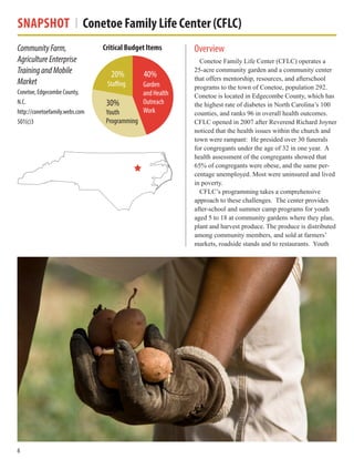 Snapshot Conetoe Family Life Center (CFLC)
Overview
Conetoe Family Life Center (CFLC) operates a
25-acre community garden and a community center
that offers mentorship, resources, and afterschool
programs to the town of Conetoe, population 292.
Conetoe is located in Edgecombe County, which has
the highest rate of diabetes in North Carolina’s 100
counties, and ranks 96 in overall health outcomes.
CFLC opened in 2007 after Reverend Richard Joyner
noticed that the health issues within the church and
town were rampant: He presided over 30 funerals
for congregants under the age of 32 in one year. A
health assessment of the congregants showed that
65% of congregants were obese, and the same per-
centage unemployed. Most were uninsured and lived
in poverty.
CFLC’s programming takes a comprehensive
approach to these challenges. The center provides
after-school and summer camp programs for youth
aged 5 to 18 at community gardens where they plan,
plant and harvest produce. The produce is distributed
among community members, and sold at farmers’
markets, roadside stands and to restaurants. Youth
CommunityFarm,
AgricultureEnterprise
TrainingandMobile
Market
Conetoe, Edgecombe County,
N.C.
http://conetoefamily.webs.com
501(c)3
Critical Budget Items
Garden
and Health
Outreach
Work
40%
30%
20%
Youth
Programming
Staffing
6
 