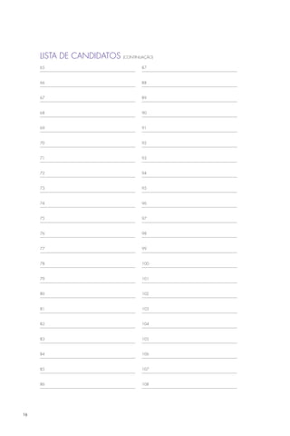 Lista de candidatos   (continuação)

     65                            87



     66                            88



     67                            89



     68                            90



     69                            91



     70                            92



     71                            93



     72                            94



     73                            95



     74                            96



     75                            97



     76                            98



     77                            99



     78                            100



     79                            101



     80                            102



     81                            103



     82                            104



     83                            105



     84                            106



     85                            107



     86                            108




16
 